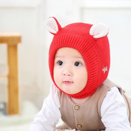 XYX Bufanda de lana con solapa para las orejas, gorras de punto cálidas, gorras de ganchillo para niños pequeños y niñas, rojo, Medium
