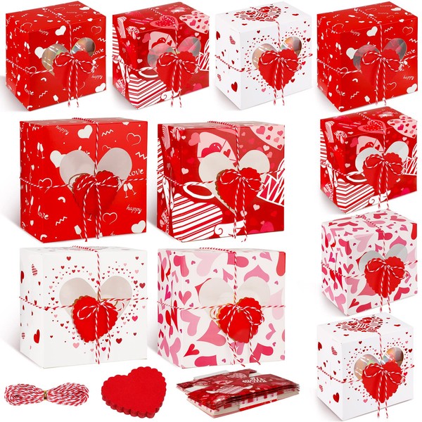 Outus 12 Pcs Valentines Day Treat Boxes with Windows 6 x 6 x 4 Inch Valentines Day Cupcake Boxes Valentines Dessert Box Goodie Boxes with Red Heart Tags and Ribbons for Party Favors