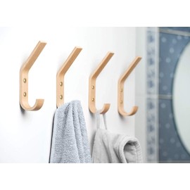 miidoo Wooden Wall Hanging Hooks Wall Hangers J-Shaped Scandinavian Clothes Cord Hanging Hat Entryway Bedroom (Oak, Set of 4)