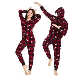 COLORFULLE Christmas Onesie for Couples Fleece Jumpsuit Full Zip Pajamas Long Sleeve with Pockets, snowflake women
