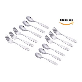EXZACT 12-Piece Children's Stainless Steel Cutlery Set - 6 Forks, 6 Tablespoons - Cute Dog & Bunny Motif