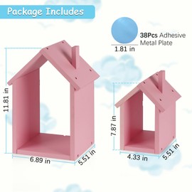 for Tonies Shelf Magnetic - for Tonies Figure Organizer Kids Room, Wooden Display Shelf for Tonies Box Holder, Wall Floating Shelves Toy Storage, House Shape Set of 2 with 38Pcs Metal Plate (Pink)