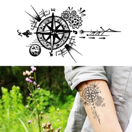 Oottati 2 Sheet Steampunk Compass Small Tiny Temporary Tattoo for Adults Men, Gear Moon Nautical Fake Tattoo Sticker, Waterproof Long Lasting Body Art for Arm Leg