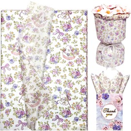Floral Tissue Paper, Cute Cat and Purple Blossom Print, 15 Sheets, 20"x30", Flower Gift Wrapping Tissue Paper for Gift Bags, Bouquet Packaging for Birthday Wedding Baby Shower DIY Crafts Party Decor