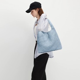 Women Vegan Leather Hand-Woven Tote Handbag Fashion Shoulder Top-handle Bag All-Match Underarm Bag with Purse (Denim Light Blue)