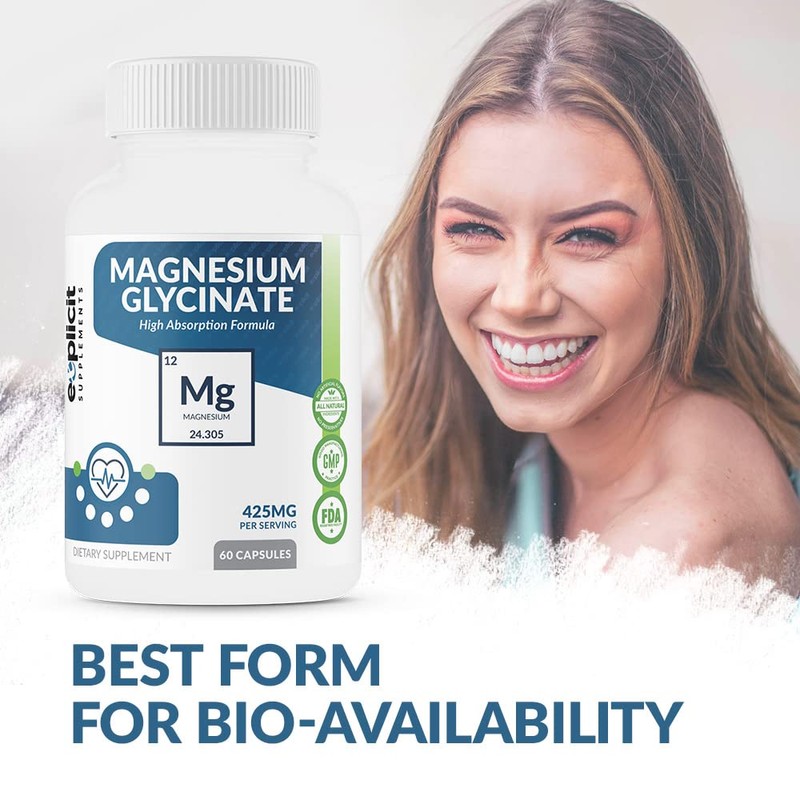 Pure Magnesium Glycinate 425mg, 100% Chelated, 60 Capsules – Made