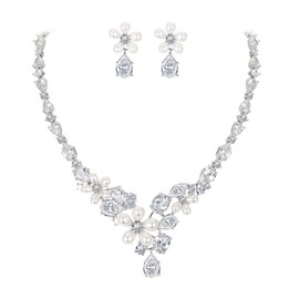 Clearine Pearl Tennnis Necklace Earrings Set Teardrop Cubic Zirconia Floral Simulated Pearl Cluster Jewellery Set for Bride Bridesmaid, Cubic Zirconia Simulated Pearl, Pearl