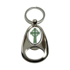 Celtic Christian Cross - Irish Ireland Scotland Scottish - Green White - Chrome Plated Metal Spinning Oval Design Bottle Opener Keychain Key Ring