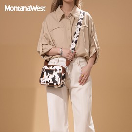 Montana West Small Crossbody Bags for Women Cow Print Purse Triple Zip Shoulder Handbags with Wide Strap MWC-3683COW-BR