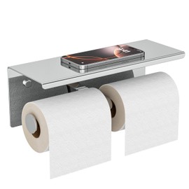 FORIOUS Double Toilet Paper Holder with Shelf, 304 Stainless Steel Wall Mount Tissue Roll Holder for Bathroom,Commercial Toilet Paper Dispenser with Phone Shelf, Chrome