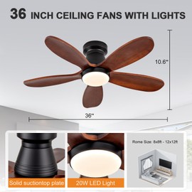 KENSID 36 Inch Flush Mount Ceiling Fans with Lights and Remote, Dimmable, 5 Blades Wood Ceiling Fan with Light, Low Profile Outdoor Indoor Modern Ceiling Fan for Bedroom Patio (Black Walnut)