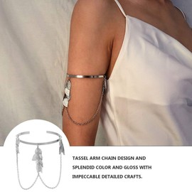 Happyyami Upper Arm Cuff Chain Adjustable Tassel Leaf Bangle Bracelet Bangle Bracelet for Lady Girls Women Party (Silver), Iron
