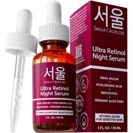 SeoulCeuticals 1% Korean Retinol Night Serum for Face - 97.5% Snail Mucin + Hyaluronic Acid + Bakuchiol, Cruelty Free K Beauty for Sensitive Skin 1oz