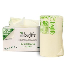 Baglife, Bolsa para basura Mediana 25x34" Pulg (60X86 cms) 100% Compostable, Certificada, 25 pzas.