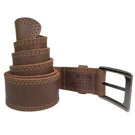 Western Leather Works, Handmade from Thick Leather Men's Belt, Two Row Stitch Stylish Design :: Bourbon Brown (42)