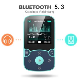AGPTEK MP3 Player Bluetooth 5.3 Sport 64GB mit 1,5 Zoll TFT Farbbildschirm, Mini Musik Player mit Clip, Unterstützt bis 128GB SD Karte, Blau