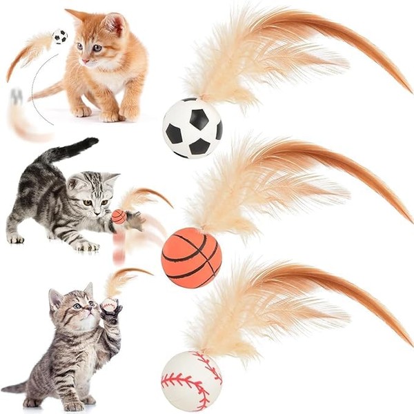 JIGCEN 3 Pack Cat Toy Ballm, Indoor Entertainment Feather Mixed