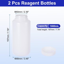 PATIKIL 2 Pcs 1000ml Reagent Bottles, PE Wide Mouth Round Graduated Bottles with Screw Cap for Lab Water Reagent Liquids Solid Sample Storage Seal, Transparent White