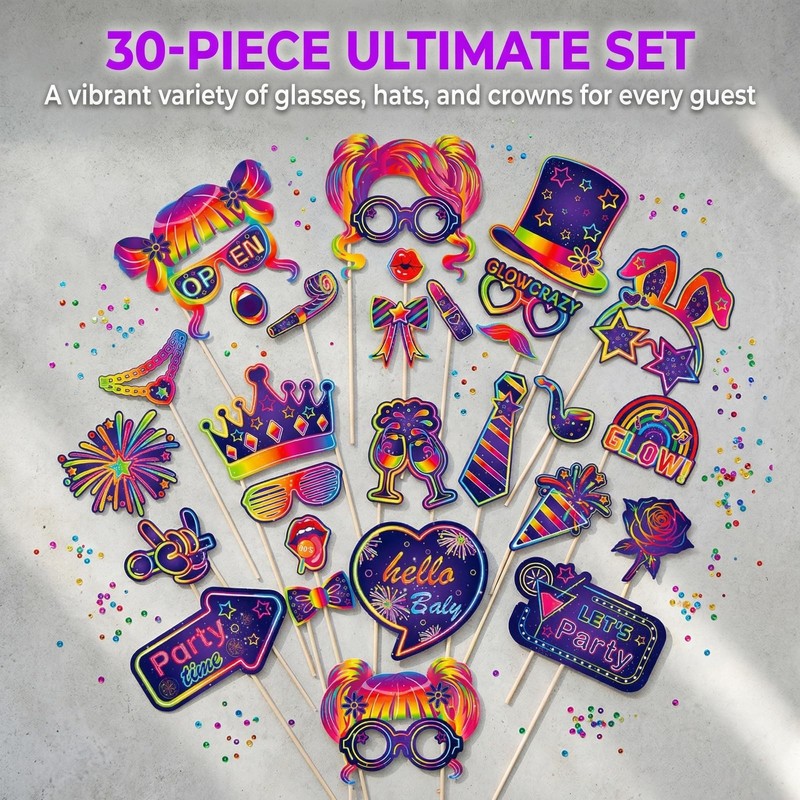 30 Pcs Neon Photo Booth Props, Fluorescent Glasses Hats Crowns
