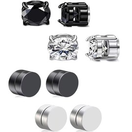 4 Pairs Magnetic Earrings, Stainless Steel Stud Earrings, Silver and Black Mixed Set, Magnetic Studs with Zircon in Stainless Steel Silver-Black Combination