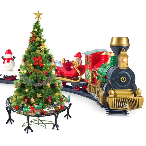 Christmas Train Set, Train Toy Set Track Elevated with Locomotive Santa Claus Snowman Xmas Tree Cargo Car Light Controllable Sound, Easy Assemble Electric Train Set for Kids Boys Girls