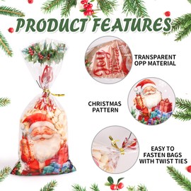 KIMOBER 200pcs Christmas Candy Treat Bags,Assorted Cartoon Cellophane Goodies Bags Clear Cello Gift Bags with Twist Ties for Xmas Party Favor Supplies
