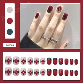 Apictseoo 24 Pcs Press on Nails Short False Nails Red diamond plaid French Designs Coffin Fake Nails with Glue,12 Sizes,Acrylic Full Cover Artificial Gel Nail Kit for Women Girls PD-324