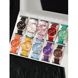Fashion Colorful Round Dial Quartz Watch, with Box, Casual Trendy Wristwatch Set for Women & Girls, Trendy All-match & Exquisite Watch Set for Birthday Gift, Leather Belt, Watches for Women