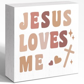 WUZYOU Boho Christian Home Decor, Jesus Loves Me Wooden Box Sign 5x5x1 INCH, Rustic Frame Faith-Based Bedroom Sign, Children's Room Inspirational Decor