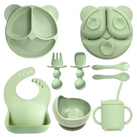 Juego de Vajilla Silicona para Niños Pequeños, Paquete de 8 Suministros de Alimentación para Bebés, Plato Dividido con Ventosa de Silicona, Baberos, Cuenco, Cuchara y Tenedor, Taza con Pajita, Verde
