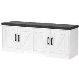 HOMSHO 2-Tier Storage Bench, 47.2" Wide Shoe Bench with Padded Seat Cushion, Entryway Bench with 4 Barn Doors and Adjustable Shelf, White