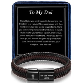 Alissl Leather Bracelet for Men Gift Braided Black Leather Bracelet with Stainless Steel Christian Joshua Scripture You are Never Alone Jewelry to My Dad Birthday Christmas Valentine Gifts