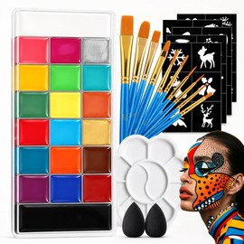 Pintura Facial, Maquillaje Pintacaritas de 20 Colores, Incluye 10 Pinceles, 5 Plantilla, 2 Esponjas y 1 Paleta, Kit de Pintura de Seguro e Inodoro, Ideal para Halloween, Las Fiestas de Disfraces