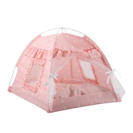 Cat Tent House Semi Enclosed Foldable Ventilate Gauze Curtain Portable Summer Pet Tent Nest for Pet Cat Dog 40x40x37cm / 15.7x15.7x14.6in, Suitable for Pets Up to 2.5kg/5.5lb Pink Lace