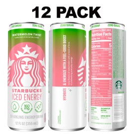 Starbucks Iced Energy Drink, Watermelon Splash, Zero Sugar Energy Drink, Plant Based Caffeine, Hydration, Mental Clarity, 12 Fl Oz Cans (Pack of 12)