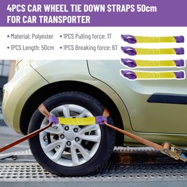 Pindex 4x Wheel Straps for Car Transporter, 50cm Car Wheel Tie Down Straps for Trailer, Wheel Securing Link Straps, Tension 1T Breaking 6T