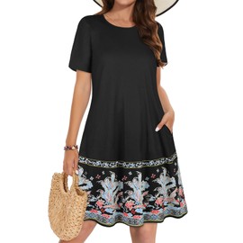 elescat Summer Dresses for Women Casual Loose Short Sleeve Sundress Scoop Neck Beach Cover Up with Pockets(Black Floral, L)