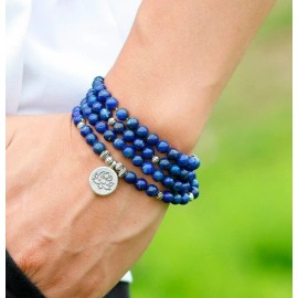 108 Mala Beads Lapis Lazuli Necklace Lotus Charm Prayer Meditation Yoga Bracelet