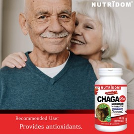 Nutridom Chaga Mushroom 20X Extract Supplement | Provides antioxidant | Non-GMO, Vegan, Free of Gluten, Egg, Wheat, Soy, Corn, and Dairy (120 Vegetable Capsules)