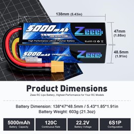 Zeee 6S 5000mAh Lipo Battery 22.2V 120C Hard Case Battery with XT90 Connector for RC Car Trucks Airplane Helicopter Quadcopter Boat Racing Models (2 Pack)