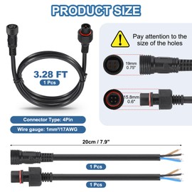 PATIKIL 3.28Ft 4 Pin Extension Cable Wire, 17AWG Waterproof IP67 Extension Cord with 7.87" Male Female Connector kit for Boat Car Truck Indoor/Outdoor Solar LED Strip Light, Black