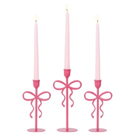 NEEDOMO - Juego de 3 portavelas de metal con lazo rosa para decoración de San Valentín, portavelas cónicos para decoración romántica de boda, fiesta, mantel