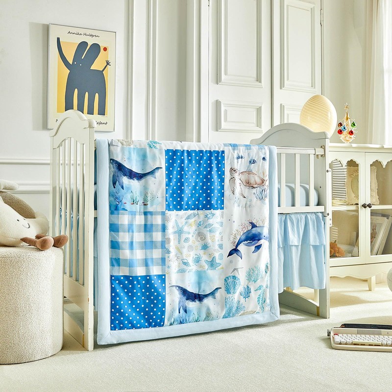Patchwork Crib Bedding Set Blue Ocean Plaid Design 3 Pieces