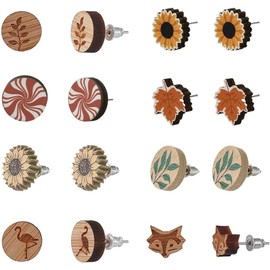 SUNNYCLUE 1 Box 8 Pairs Wooden Stud Earrings Set Flat Round Natural Wood Charms Cabochon Tree Leaf Sunflower Fox with Stainless Steel Ear Nuts for Women Jewellery Accessories