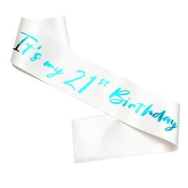 21st Birthday Sash, White Satin Soft Sashes with Blue Foil Letter, Birthday Decorations for Girls Happy 21st Birthday Party Favor Supplies,White Blue