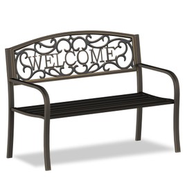 On Shine 50'' Patio Garden Bench, Loveseats Patio Park Bench,Black Steel Cast Iron Frame Bench,Metal Bench Outdoor for Porch Yard Lawn Deck (Bronze-Welcome)