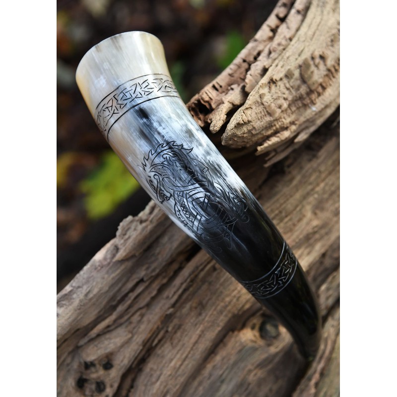 Battle-Merchant High Quality Viking Drinking Horn with Stand and Fenrir