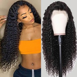 Hrnytdek 28 Inch Lace Front Wigs Black Human Hair Wave Curly Glueless 13x4 HD 180% Density Pre Plucked Natural Wigs for Women Girls