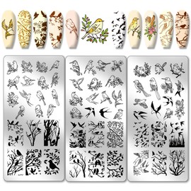 PH PandaHall 3pcs Bird Nail Stamping Plates, Swallow Animal Nail Art Templates Tree Flower Nail Art Stencils Stainless Steel Nail Image Plates for Women Spring Nail Design Print Manicure Salon