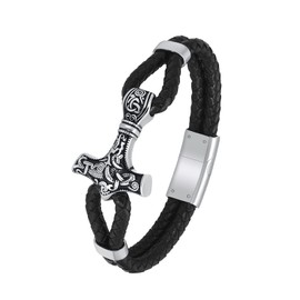 constantlife Viking Thor's Hammer Cremation Bracelet for Ashes for Men Braided Leather Wristband Cuff Bangle Memorial Urn Jewelry Funeral Keepsake Gift (Silver-22cm)